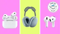 Three different Apple headphones on a yellow background