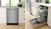 A Bosch Bencdishwasher closed on the left and open on the right.