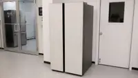 A Samsung Bespoke RS28CB7600 side-by-side refrigerator in the testing lab.
