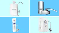 Four water filters on a blue grid background