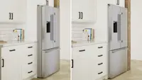 A photo of a standard depth fridge next to a counter-depth fridge and how they fit into existing cabinetry.