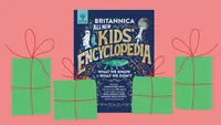 A Britannica Kids Encyclopedia with gift illustrations around it on a red background