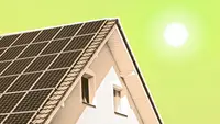 Cartoon graphic of the sun hanging over the roof a suburban home.