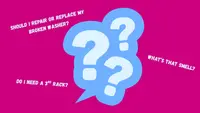 Questions about appliances and three blue question marks on an orange background