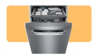 A dishwasher stands open on an orange background
