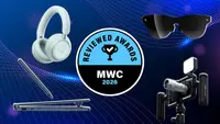Graphic featuring Reviewed Awards MWC 2026 badge surrounded by standout tech products including headphones, smart glasses, a tablet with stylus, and a mobile camera rig.