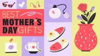 A cartoon graphic of several shopping and present boxes surrounding a vase of flowers.