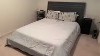 Gray Cozy Bliss comforter on a full-sized bed in a bedroom with beige walls and a brown headboard.