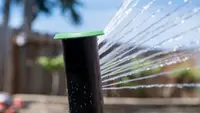 A sprinkler sprays water onto a green lawn.