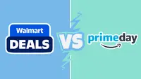 Split-screen graphic comparing Walmart Deals and Prime Day with a "vs" in the center, representing the Walmart Prime Day shopping showdown.