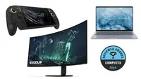 A gaming console, laptop and monitor on a white background with a blue and black award badge