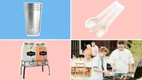 Steel reusable cups, recyclable utensils, drink dispenser with drinks inside, family of four barbecuing outdoors.