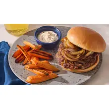 Product image of Smoked gouda burgers and roasted carrots (vegetarian option available)