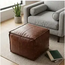 Product image of Simpli Home Sheffield Boho Brown Genuine Leather Square Pouf