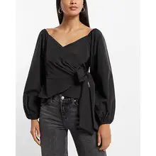 Product image of Express V-Neck Balloon Sleeve Wrap Tie Waist Top