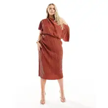 Product image of ASOS DESIGN Curve plisse fallen shoulder midi dress in rust