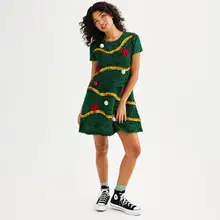 Product image of Juniors' Celebrate Together Short Sleeve Tinsel Tree Fit & Flare Dress