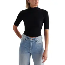 Product image of Ribbed Mock Neck Elbow Sleeve Tee