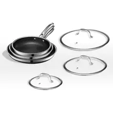 Product image of HexClad 6 Piece Hybrid Nonstick Pan Set 8, 10 and 12 Inch Frying Pans with Glass Lids