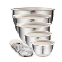Product image of Wildone Mixing Bowls with Lids Set, 5PCS Stainless Steel Khaki Nesting Bowls with 3 Grater Attachments