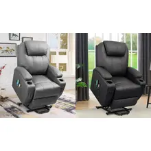 Product image of Flamaker Power Lift Recliner Chair PU Leather with Massage for Elderly Ergonomic Lounge Chair Classic Single Sofa with 2 Cup Holders Side Pockets Home Theater Seat (Leather, Gray)