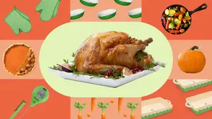 Several Thanksgiving kitchen tools surrounding an image of a cooked turkey, on green and orange backgrounds.
