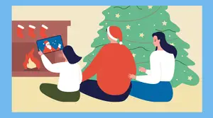 An illustration of a family looking at Santa on a digital device