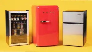 A shot of three of our top-testing mini fridges, the Whynter BR-1211DS, Smeg FAB10URRD3, and Magic Chef HMDR31GSE.
