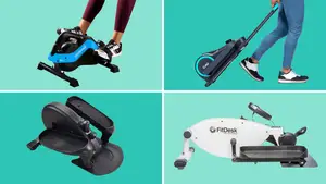 Four under-desk ellipticals in a grid on a green background