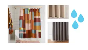 Three shower curtains in bathroom settings tiled on a single image
