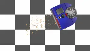 The Dyson Vis Nav sucks up graphic crumbs on a graphic checkerboard floor