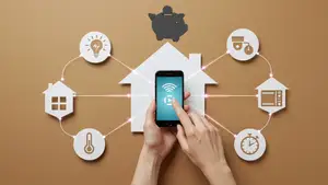 A photo illiustration of a home with connected lights, thermostats, etc., and a piggy bank on top to indicate saving money