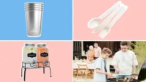 Steel reusable cups, recyclable utensils, drink dispenser with drinks inside, family of four barbecuing outdoors.