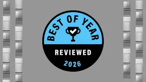 Reviewed's Best of Year Award badge on a gray background with refrigerators