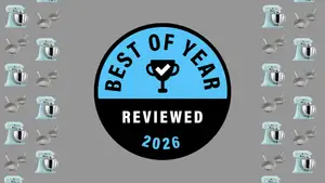 Reviewed's Best of Year Award badge on a gray background with pans and stand mixers