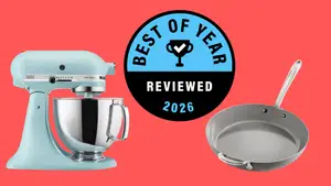 A red background with product images of a KitchenAid mixer and a frying pan