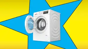 A washing machine inside a star frame on a yellow background