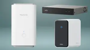 Three home security hubs sit on a light blue gray background