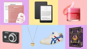 Biodance Bio-Collagen Real Deep Mask, Amazon Kindle Paperwhite, Laneige Lip Sleeping Mask, Kodak PIXPRO FZ55 Digital Camera, Ana Luisa Lev Small Gold Heart Necklace, Onitsuka Tiger Mexico 66, and Sunrise on the Reaping: Collector's Gift Edition on a solid multicolored, tiled background.