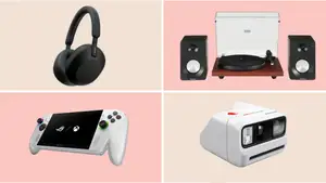 A collage featuring the Sony WH-1000XM5 headphones, Crosley turntable, ASUS ROG Xbox Ally, and the Polaroid Go Gen 3.