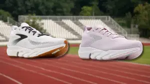 Two Brooks Glycerin Flex shoes overlaid a running track background