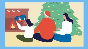 An illustration of a family looking at Santa on a digital device