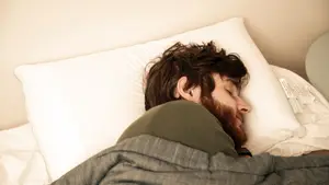 Our photographer's model sleeps soundly (or pretends to) on a large, soft white pillow.