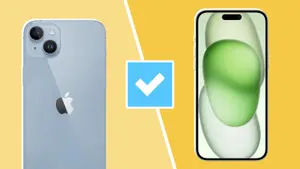 The iPhone 14 Plus next to the iPhone 15 Plus.