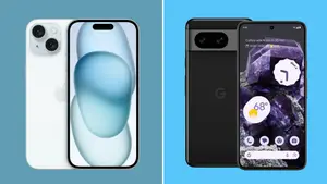 A collage with an Apple iPhone and a Google Pixel 8 smartphone.