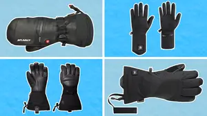 Four different brands of heated gloves on a blue grid background