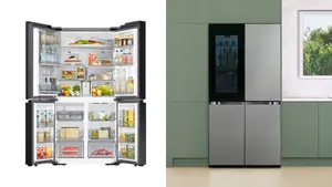 A Samsung fridge open on the left, and closed and fully flush with green cabinetry on the right.