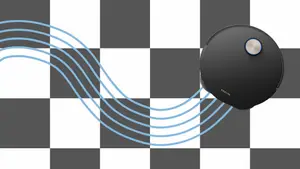 One robot vacuum and mop cleans a black and white checkered floor with graphic water lines