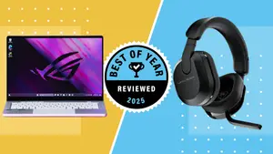 Yellow and blue background with Asus laptop and Turtle Beach headset in front of a badge with Best of Year 2025 Reviewed on it