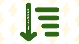 A green arrow points down on a background of lightning bolts